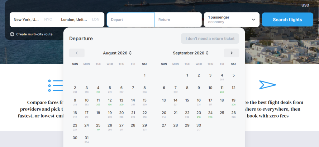 A flexible-dates calendar or booking-site date-grid screenshot